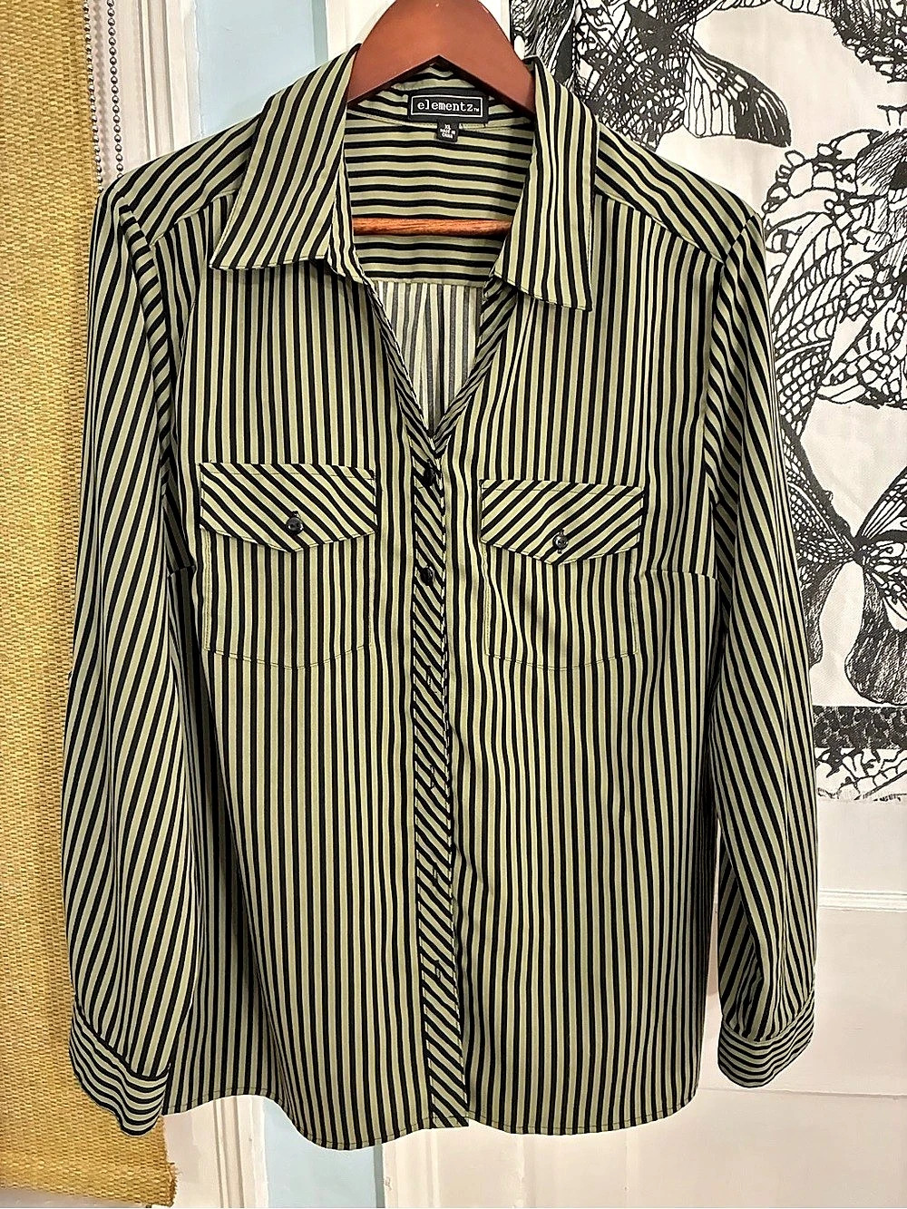 Elementz Olive Green & Black Striped Button Down Blouse - full long sleeves XL